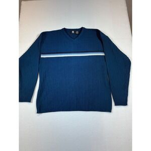 Arizona Jean Co. Mens V-Neck Sweater Blue Striped Ribbed Knit Pullover XL
